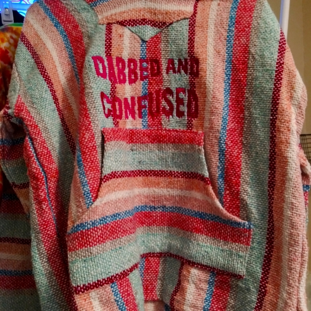 Pink White Blue Hemp Drug Rug Hooded Sweatshirt Embroidered